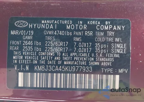 2019 Hyundai Tucson Value из США, поврежденный, VIN KM8J3CA45KU977933